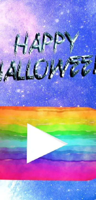 Vibrant Halloween-themed galaxy wallpaper with colorful play button.