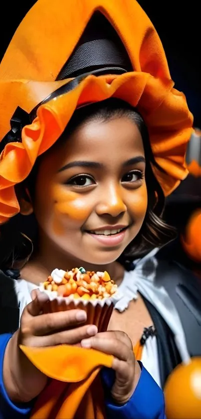 Joyful child in witch costume holding festive treats in vibrant Halloween colors.