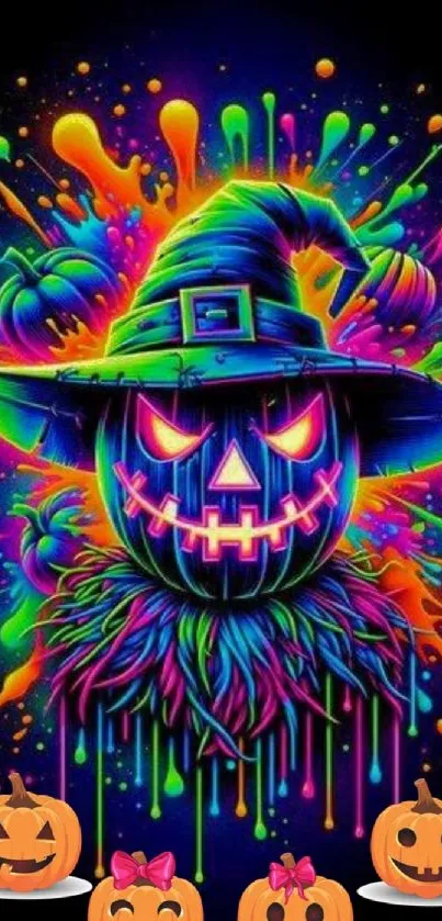 Vibrant neon Halloween wallpaper with jack-o'-lantern and witch hat.