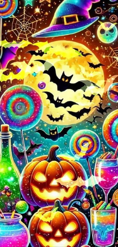 Colorful Halloween wallpaper with pumpkins and bats.