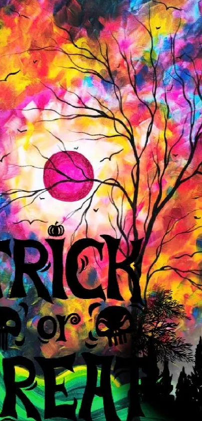 Bright Halloween background with 'Trick or Treat' text and colorful swirls.