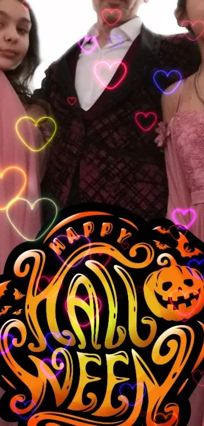 Vibrant Halloween wallpaper with festive design and heart patterns.