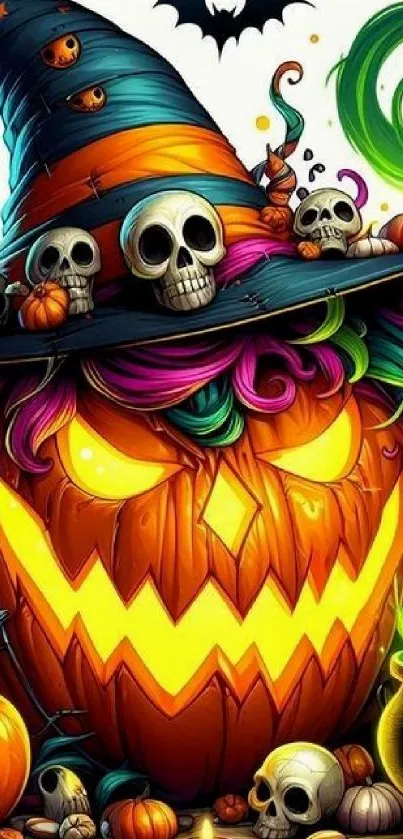 Vibrant Halloween pumpkin with witch hat and skulls.