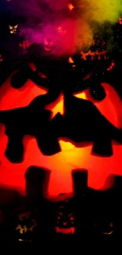 Colorful Halloween pumpkins glowing vibrantly in the dark.