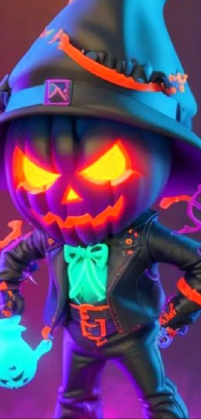 Neon Halloween pumpkin character art with vibrant colors.