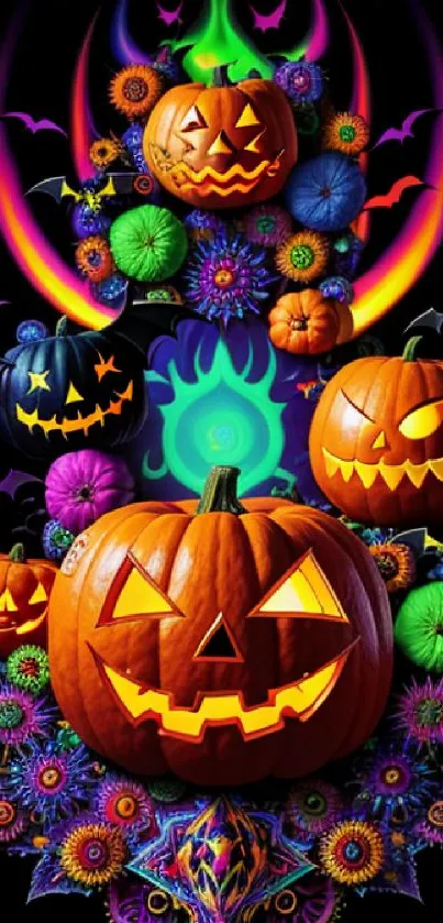 Halloween wallpaper with pumpkins, bats, and colorful neon designs on a black background.