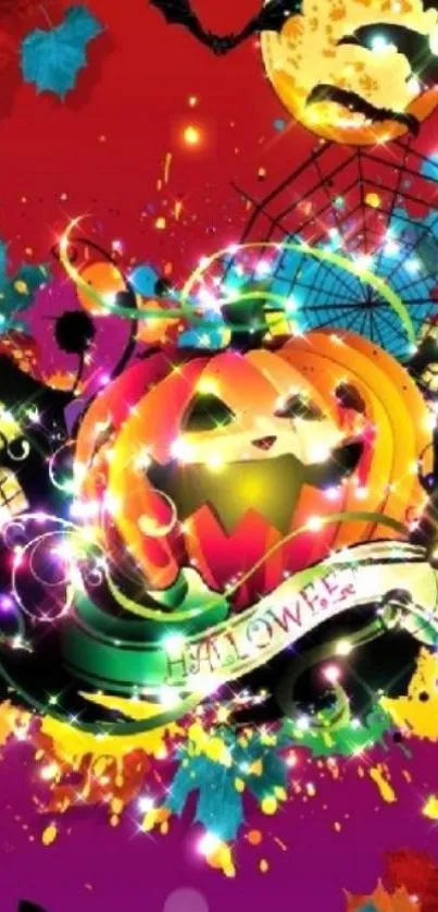 Colorful Halloween pumpkin with vibrant glow.