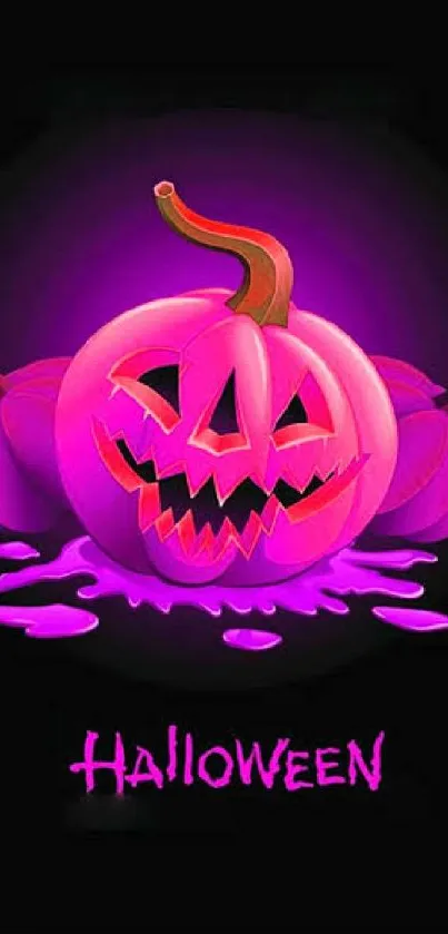 Glowing magenta pumpkin Halloween wallpaper with spooky design.