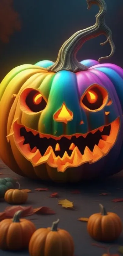 Vibrant pumpkin with eerie glow in festive Halloween setting.