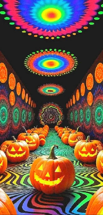 Halloween wallpaper with colorful pumpkins and psychedelic patterns.