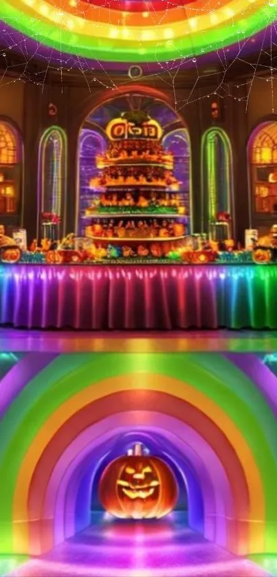 Halloween rainbow decor with pumpkins and vibrant colors.