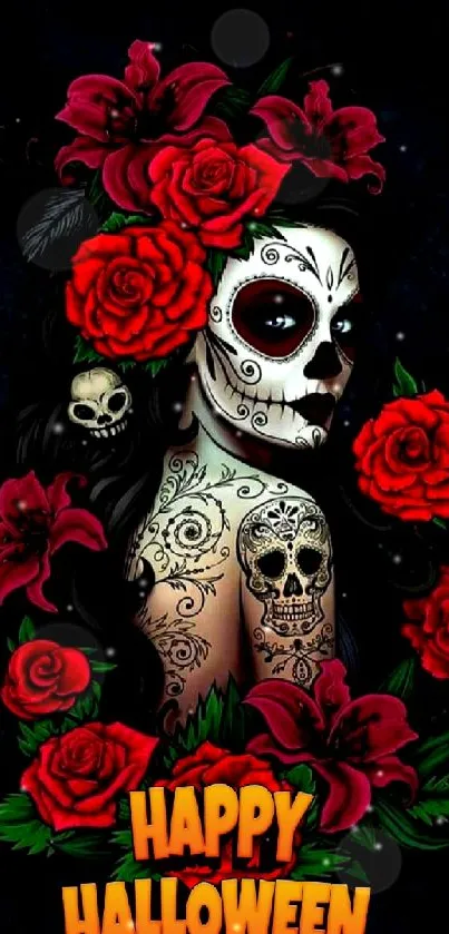 Colorful Halloween skull with roses wallpaper.