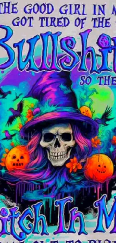 Vibrant skull with hat, pumpkins, and bold text on colorful Halloween wallpaper.