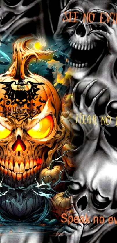 Halloween skull art with glowing eyes and vibrant pumpkin design.