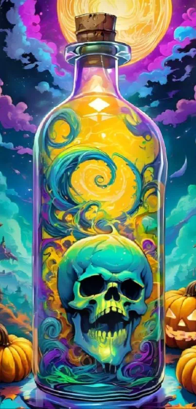 Colorful skull in a mystical bottle with pumpkins and a vibrant landscape.