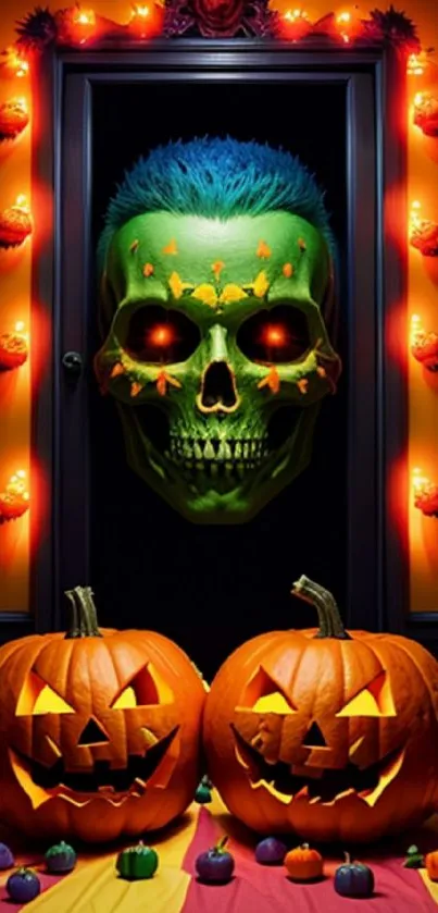 Neon green skull with glowing eyes and pumpkin lanterns in vibrant Halloween decor.