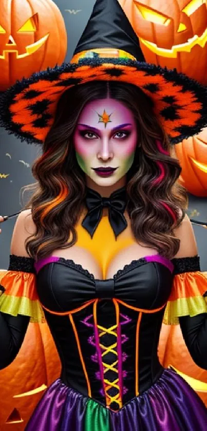 Colorful witch in Halloween costume with pumpkins.