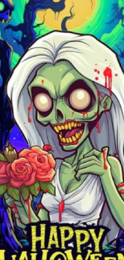 Halloween themed colorful zombie with roses.