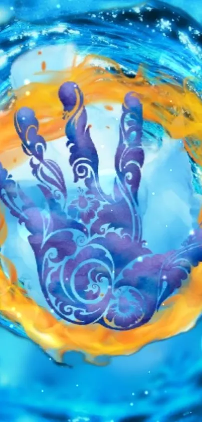 Artistic hand illusion with blue and orange hues background.