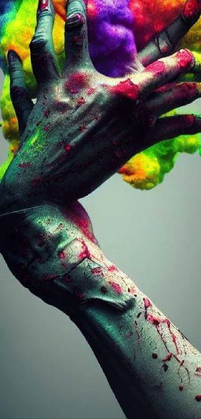 Vibrant hand with colorful paint explosion on a gray background.