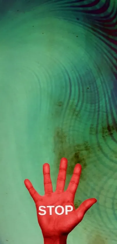 Red hand on abstract swirling turquoise background with 'STOP' text.