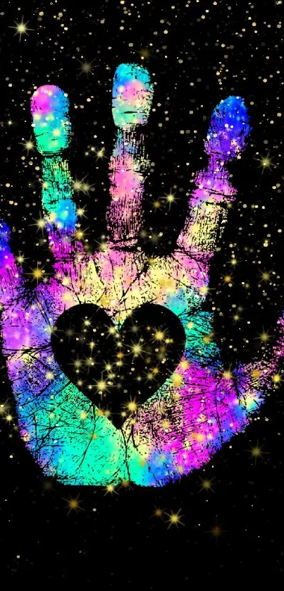 Colorful handprint with glowing heart design on black background.