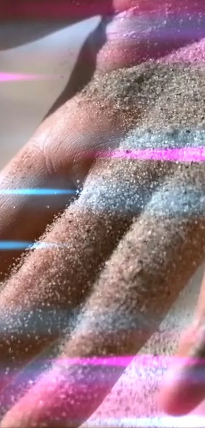 A hand covered in sand with vibrant pink and blue lighting effects.