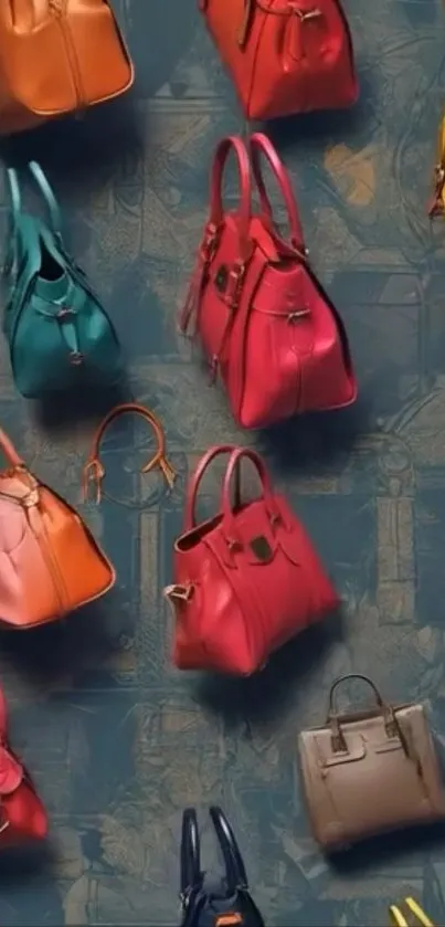 Colorful handbag pattern on blue background.