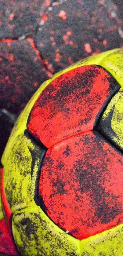 Close-up of a textured, colorful handball.