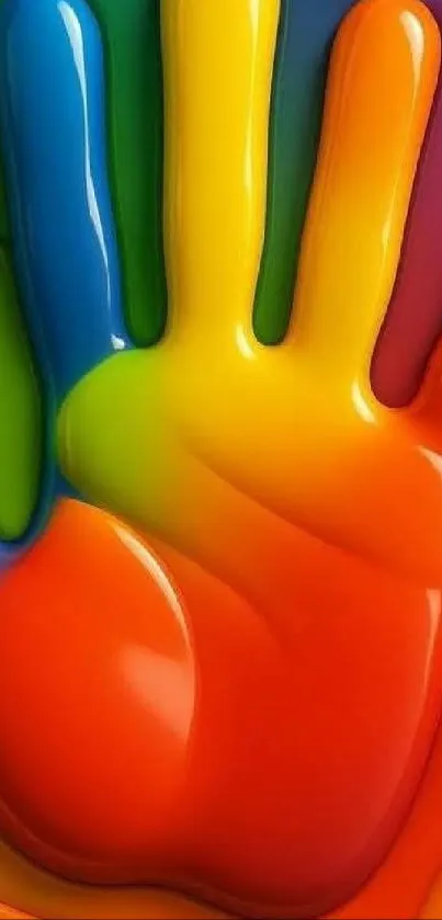 Colorful handprint with vibrant paint layers.