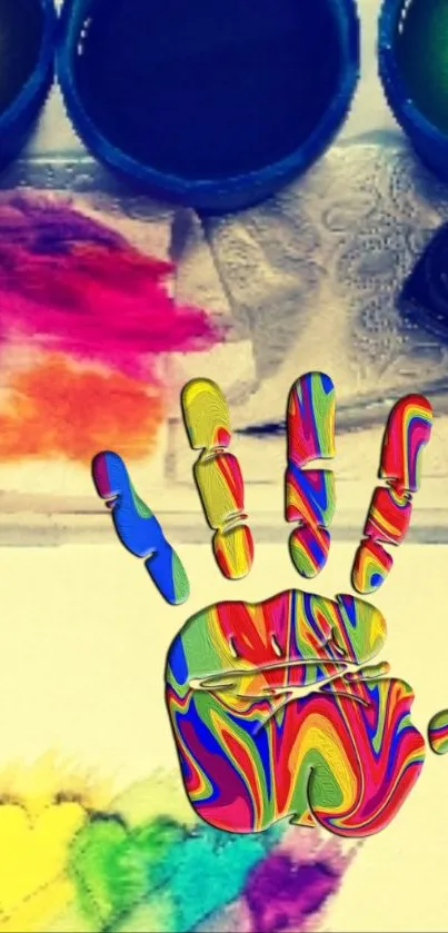 Colorful handprint with vibrant hues on mobile wallpaper.