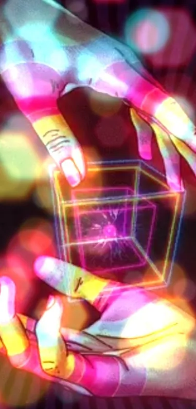 Vibrant abstract art with glowing hands and colorful cube.