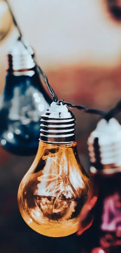 Colorful hanging bulbs glowing with a warm orange hue.