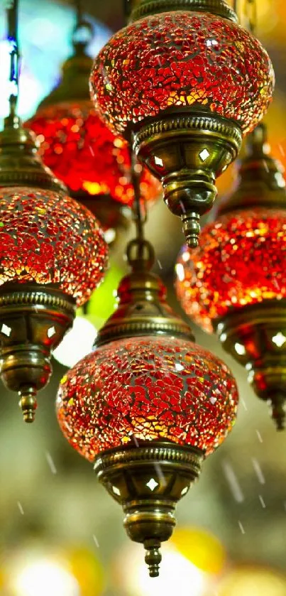 Vibrant red hanging lanterns artwork with intricate design on display.