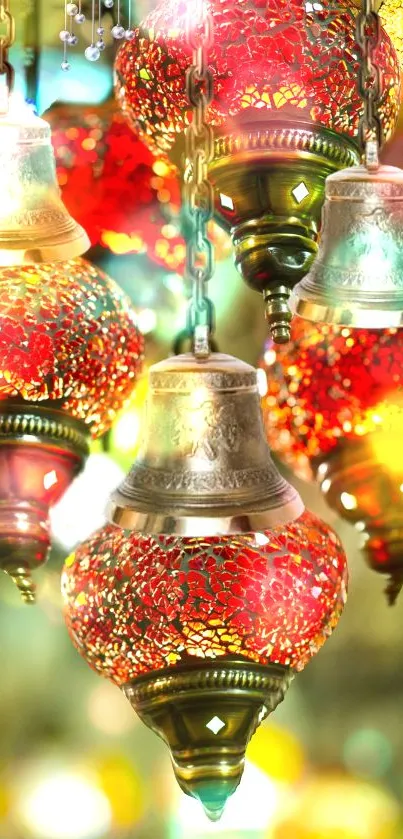 Vibrant red hanging lanterns glow softly.