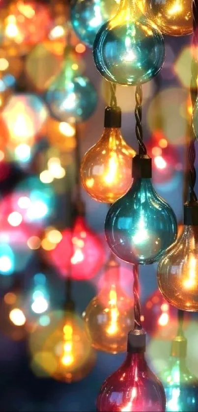 Colorful hanging light bulbs creating a bokeh effect.