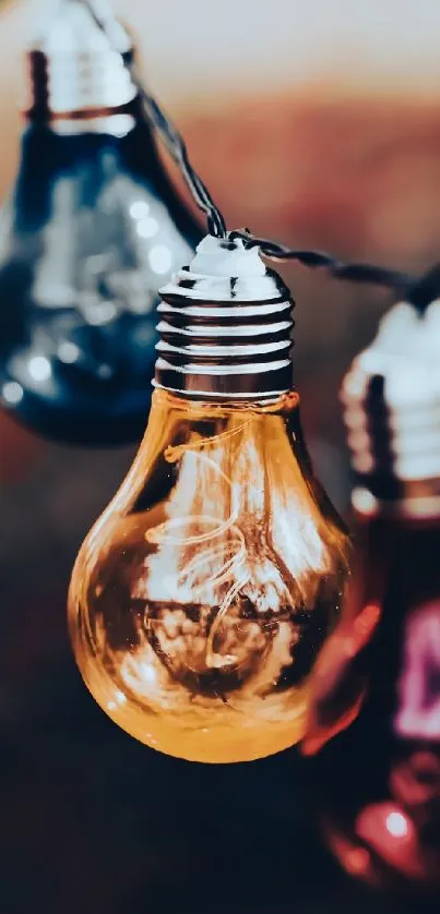 Vibrant hanging light bulbs against a soft bokeh background.