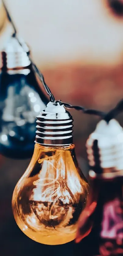 Close-up of colorful hanging lightbulbs against a blurred background.