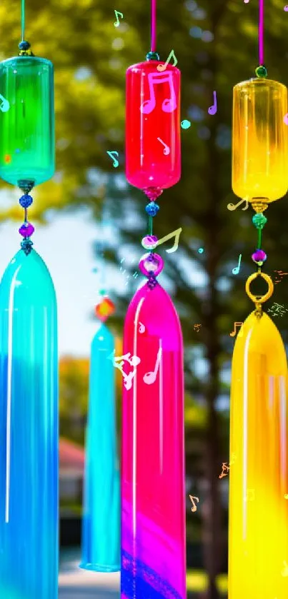 Vibrant colorful glass ornaments hanging outdoors.