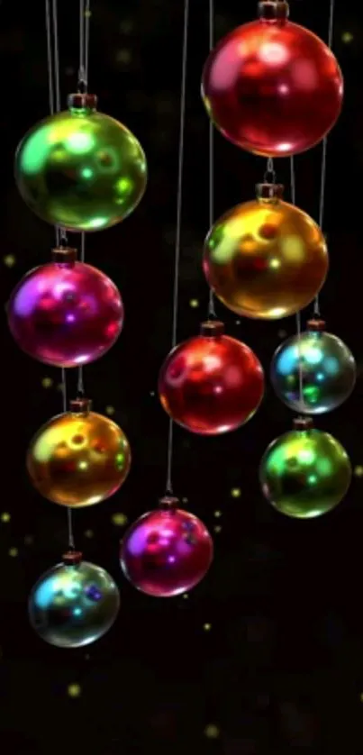 Colorful hanging ornaments on a black background