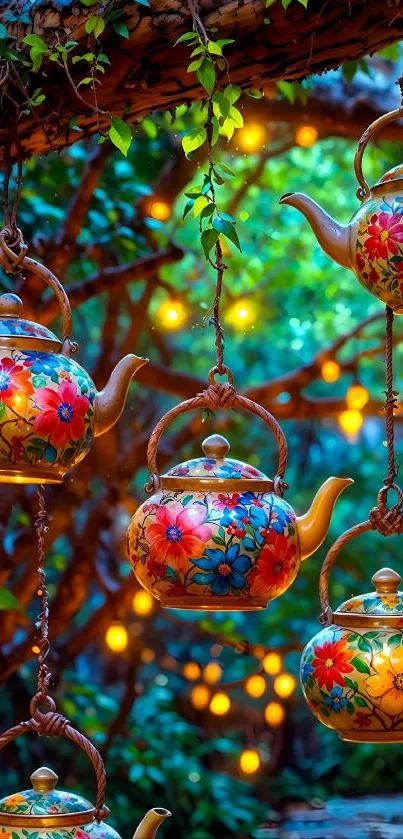 Colorful floral teapots hanging in a magical garden setting.