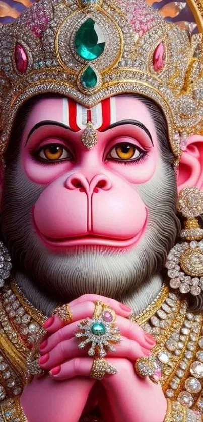 Vibrant image of Hanuman adorned with intricate jewelry and vivid colors.