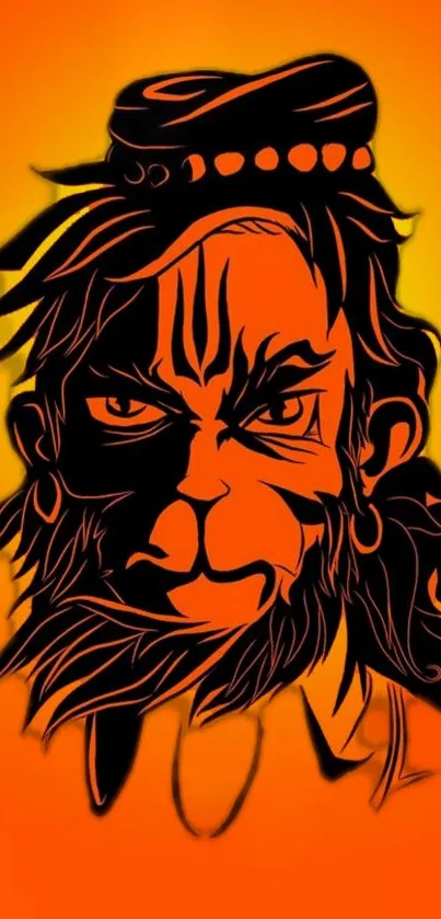 Vibrant orange Hanuman artwork wallpaper with bold black details.