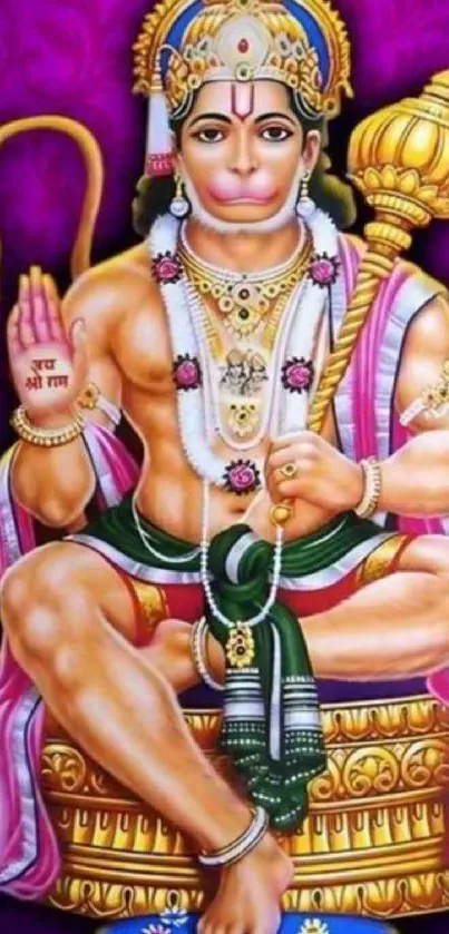 Detailed illustration of Lord Hanuman seated against a purple background.