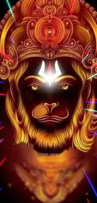 Orange and glowing artwork of Hanuman with vibrant colors.