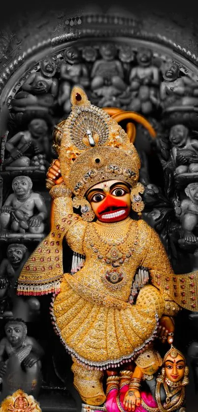 Golden Hanuman sculpture with vibrant details and intricate designs.