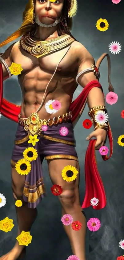 Hanuman digital art with colorful flowers on dark gray background.