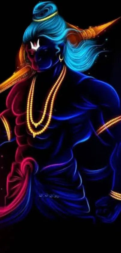 Colorful neon depiction of Hanuman with black background.