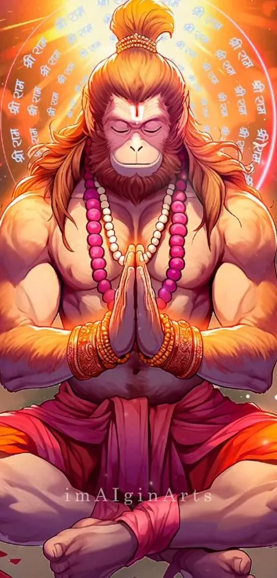 Vibrant Hanuman meditation artwork with spiritual symbols and radiant colors.