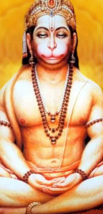 Meditative Hanuman in vibrant gold artwork for mobile wallpaper.